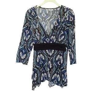 CATO blue & Black Faux Wrap Blouse w Tie Womens Sz large GUC